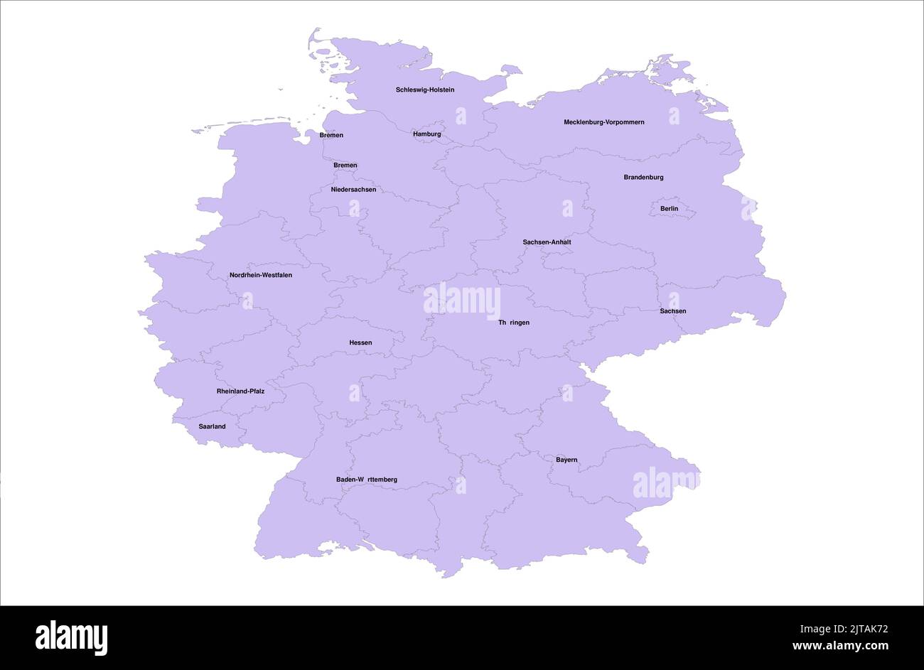 Illustrazione della mappa vettoriale della Germania con i suoi distretti su sfondo bianco Illustrazione Vettoriale