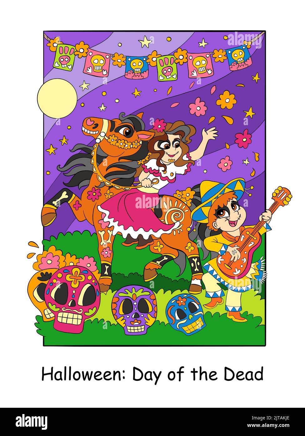 Ragazza carina su un cavallo e un ragazzo con una chitarra celebrare il giorno dei morti in Messico. Concetto di Halloween per i bambini. Illustrazione del cartoon vettoriale. Per pri Illustrazione Vettoriale