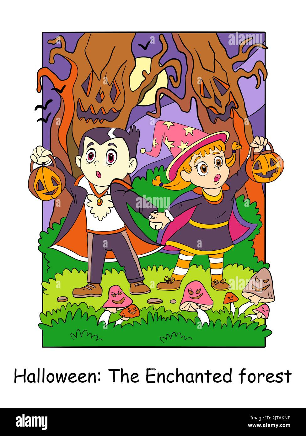 Bambini spaventati in vampiro e costumi streghe in una foresta incantata. Concetto di Halloween per i bambini. Illustrazione del cartoon vettoriale. Per stampa, deco Illustrazione Vettoriale