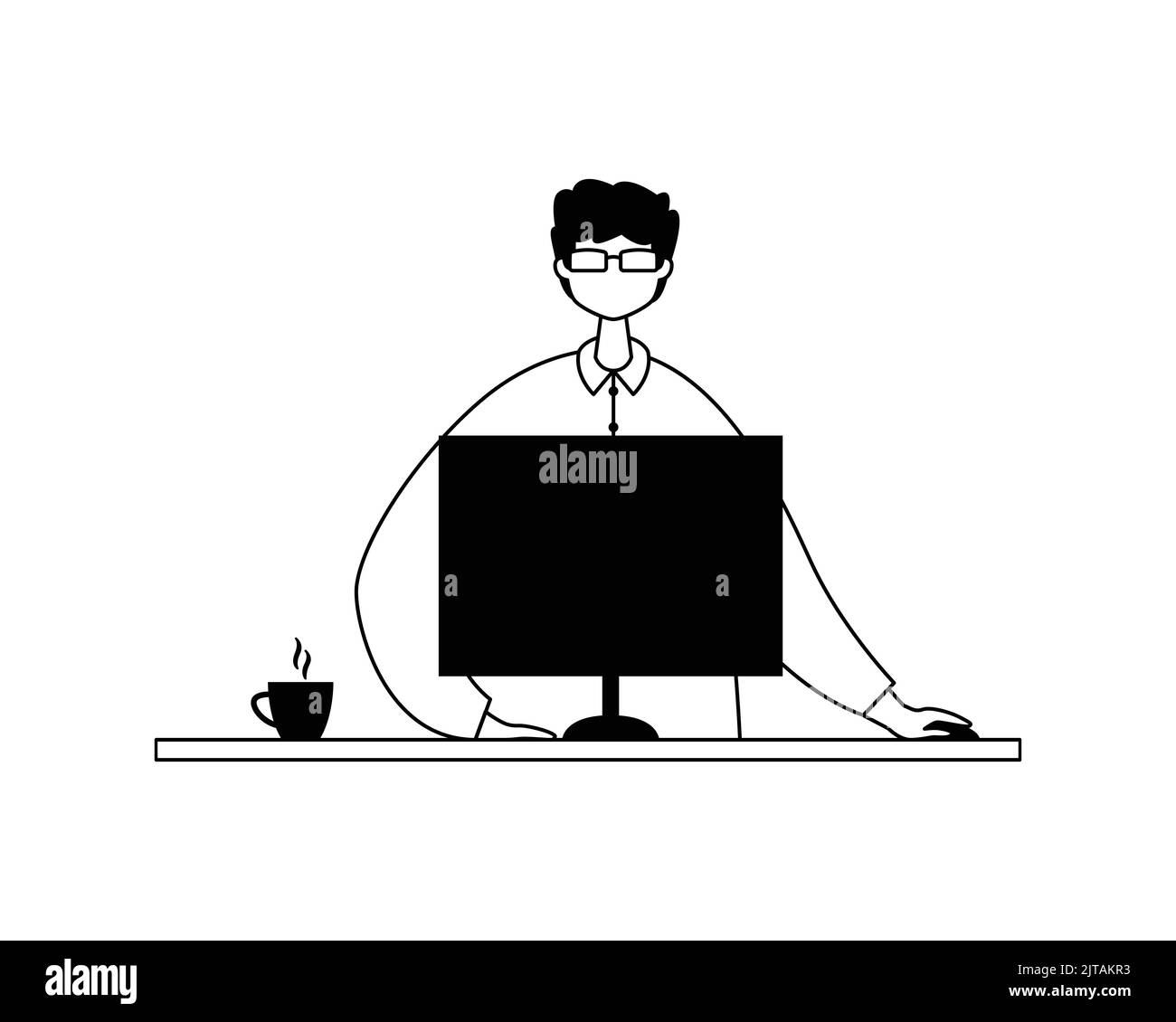 Illustrazione vettoriale di un lavoratore di un ufficio maschile che lavora alla scrivania con un computer. Contorno Illustrazione Vettoriale