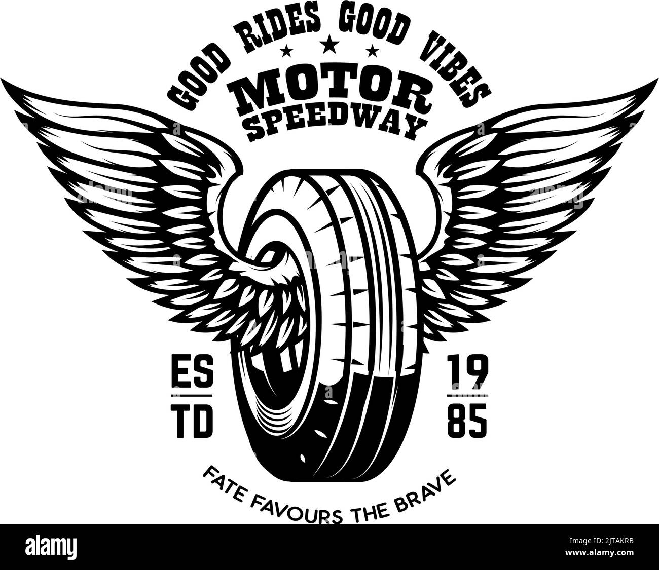 Motor speedway.TShirt modello stampato con ruota alata. Illustrazione vettoriale Illustrazione Vettoriale