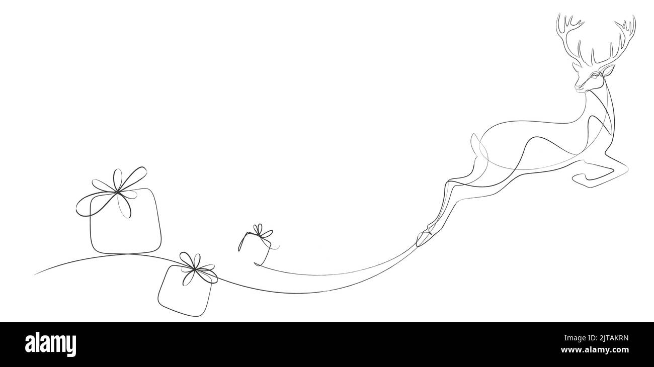 Capriolo saltellante con i regali di natale - un disegno dell'arte dell'inchiostro della linea Illustrazione Vettoriale