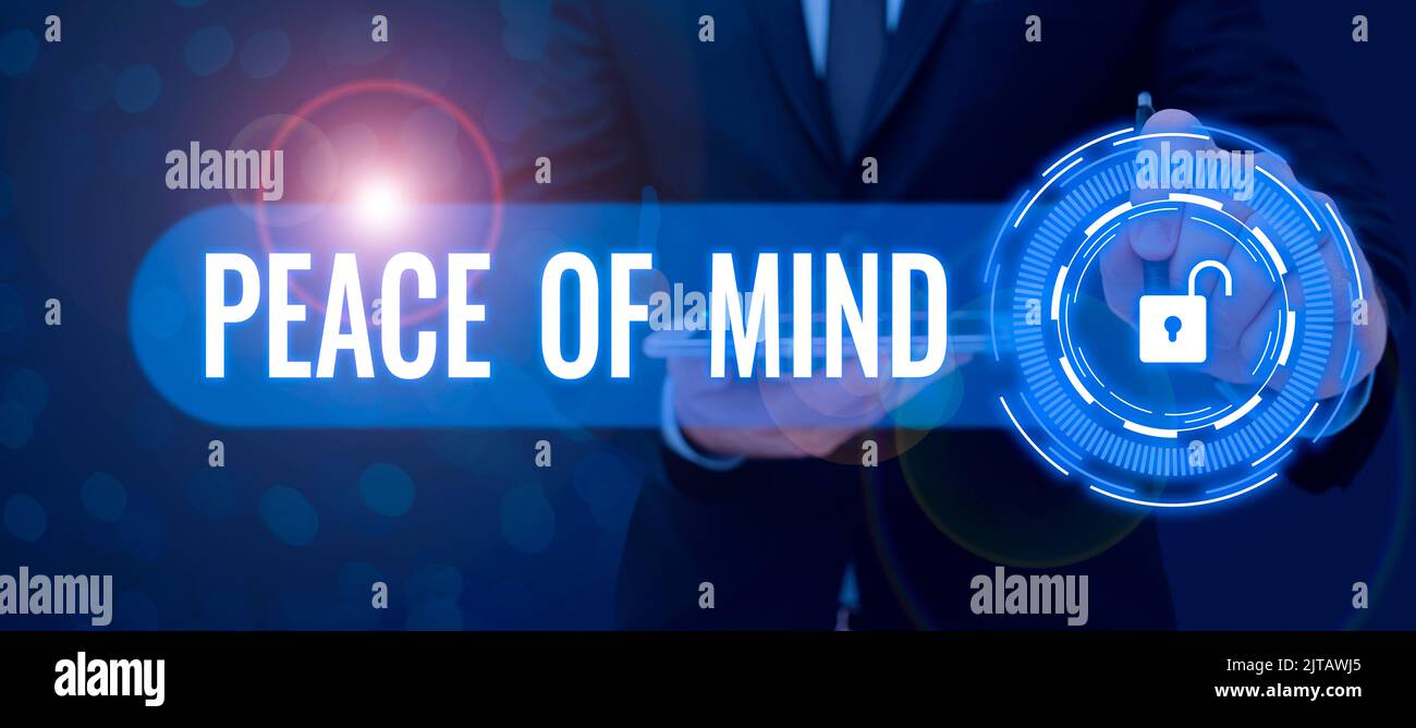 Segno di testo che mostra la pace della mente. Parola per essere pacifico felice con le cose che avete fatto e compite Foto Stock