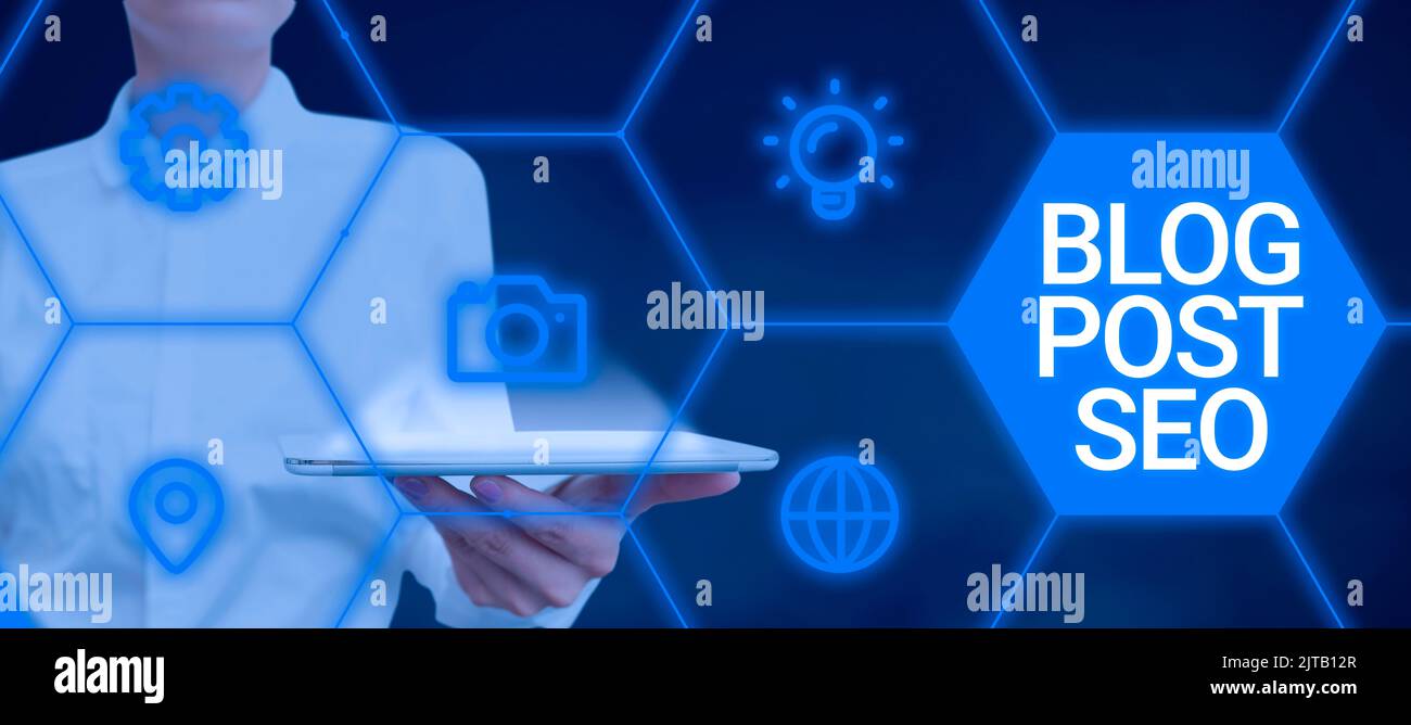 Scrittura a mano segno Blog Post Seo, foto concettuale Search Engine Optimization applicato al blogging social network Foto Stock