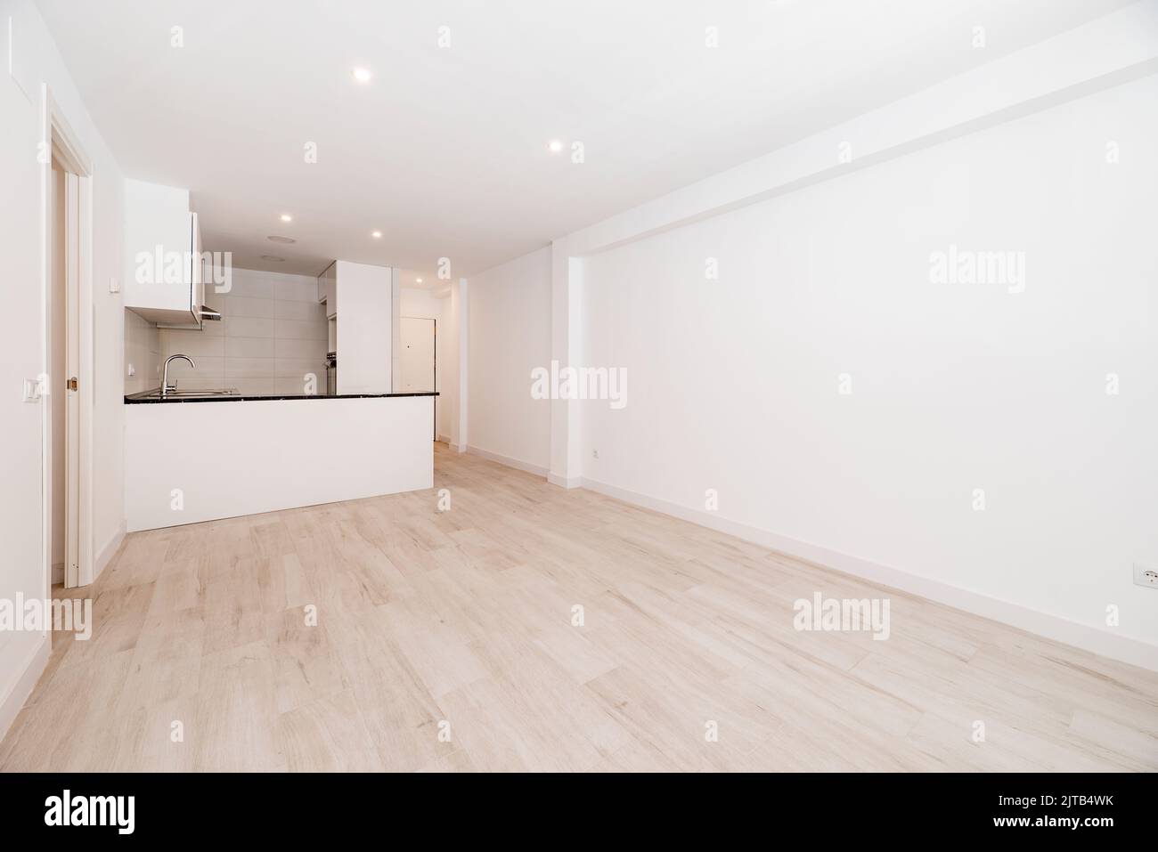 la stanza vuota ha pavimento di legno chiaro, parete dipinta di bianco semplice, isola con il countertop di pietra nera e cucina aperta Foto Stock