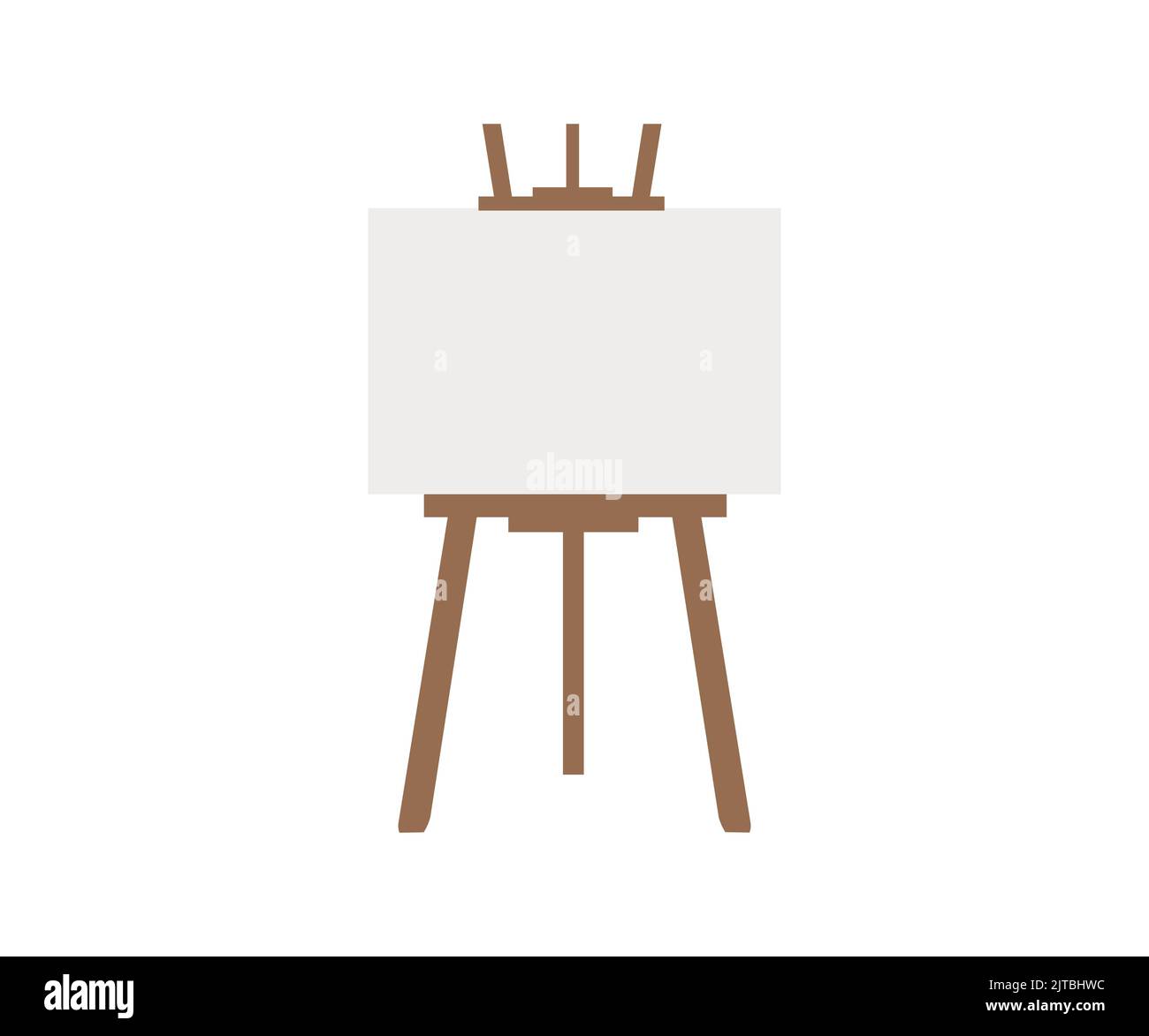 Scrivania di vernice realistica, cavalletto di legno e un foglio di disegno carta logo design. Grafica, tela vuota, disegno vettoriale del pannello tela allungata. Illustrazione Vettoriale