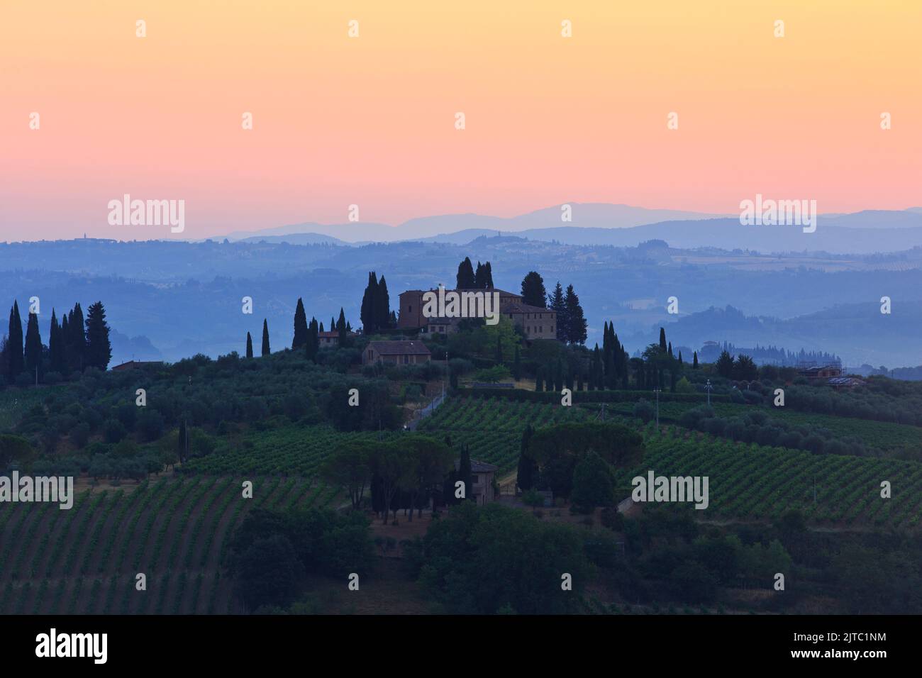 Vista panoramica sulle dolci colline con vigneti e uliveti che circondano la città medievale fortificata di San Gimignano (Toscana), Italia Foto Stock