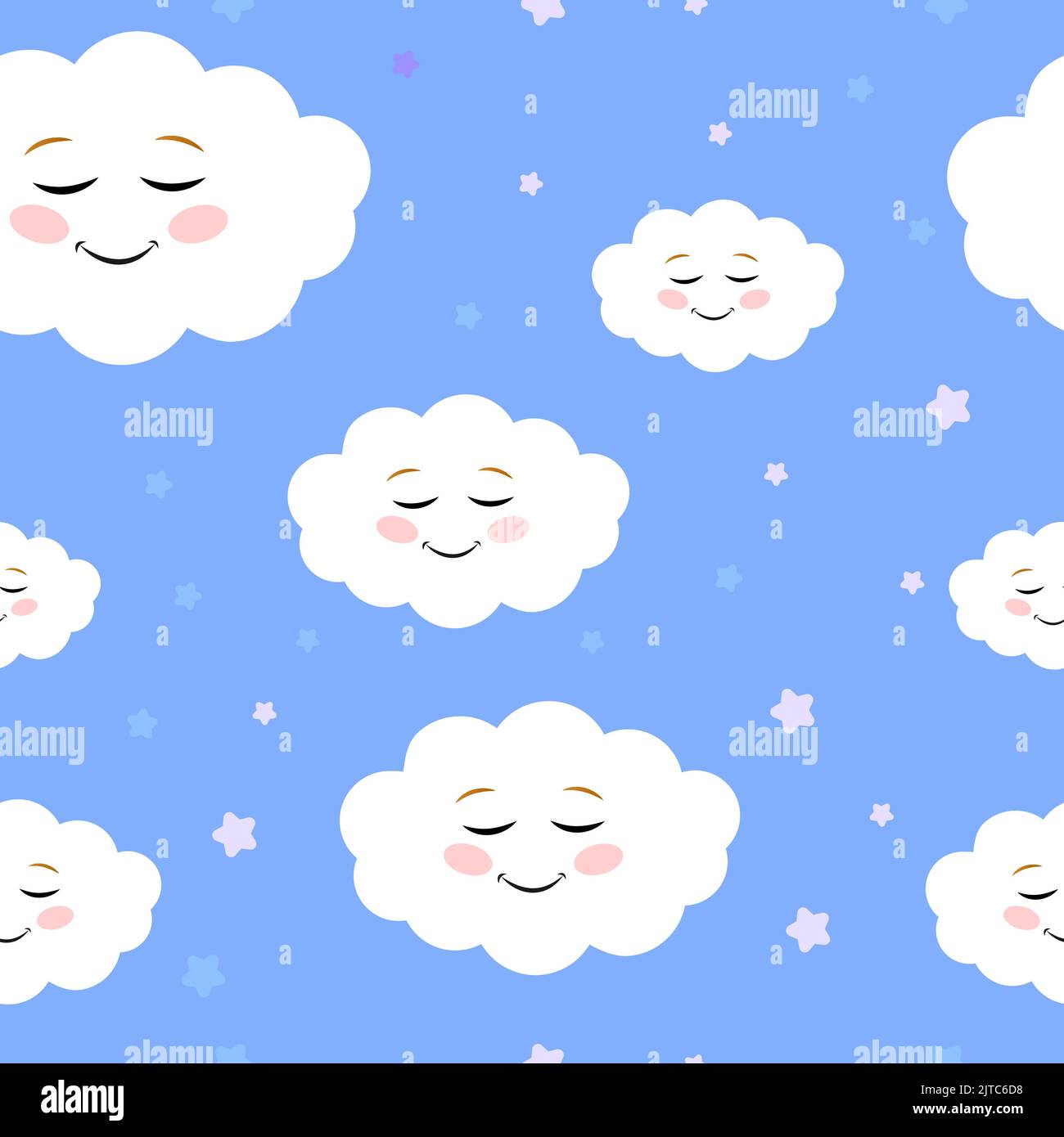 Schema vettoriale cielo blu con nuvole sorridenti. Design carino senza cuciture su sfondo blu. Illustrazione Vettoriale
