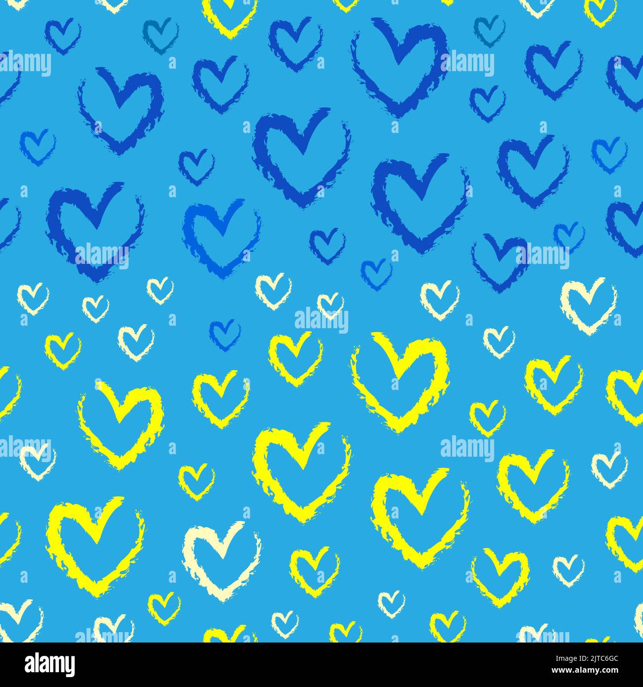 Disegno senza cuciture con cuori astratti gesso simboli Ucraina. Sfondo vettoriale su sfondo blu. Colori nazionali ucraini. Illustrazione Vettoriale