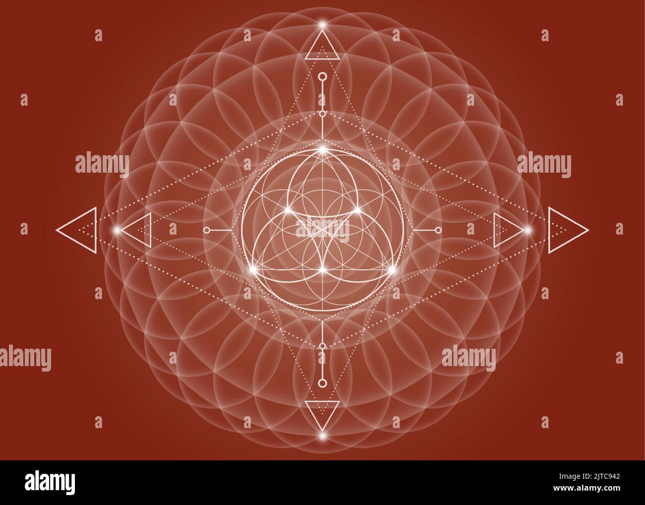 Geometria Sacra, Fiore della vita, mandala di fiori di loto. Neon vintage logo simbolo di armonia e equilibrio, ornamento geometrico luminoso, yoga relax Illustrazione Vettoriale