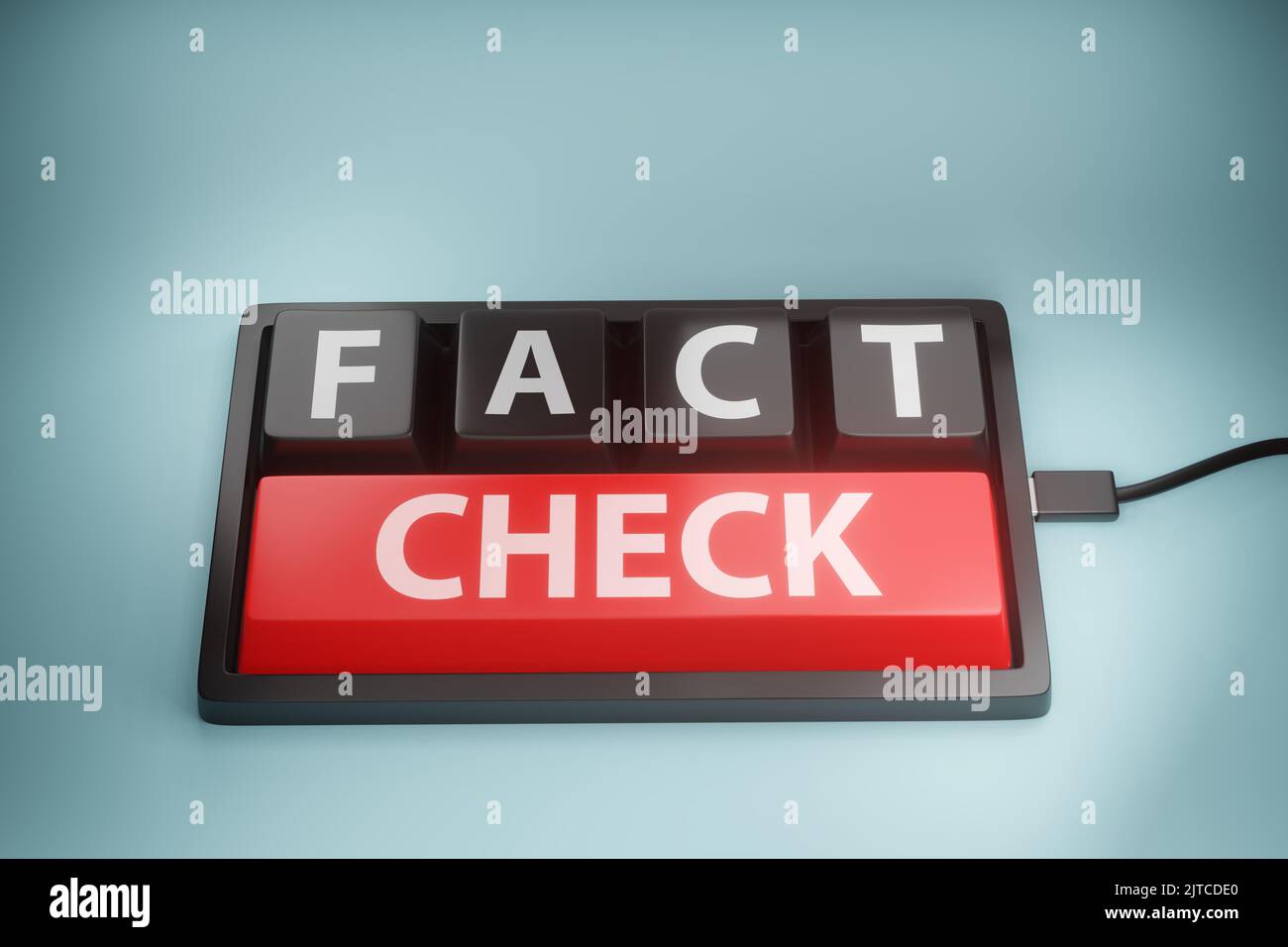 Tastiera personalizzata con i tasti F, A, C, T e CONTROLLO su sfondo teal. Illustrazione del concetto di verifica dei fatti delle notizie Foto Stock