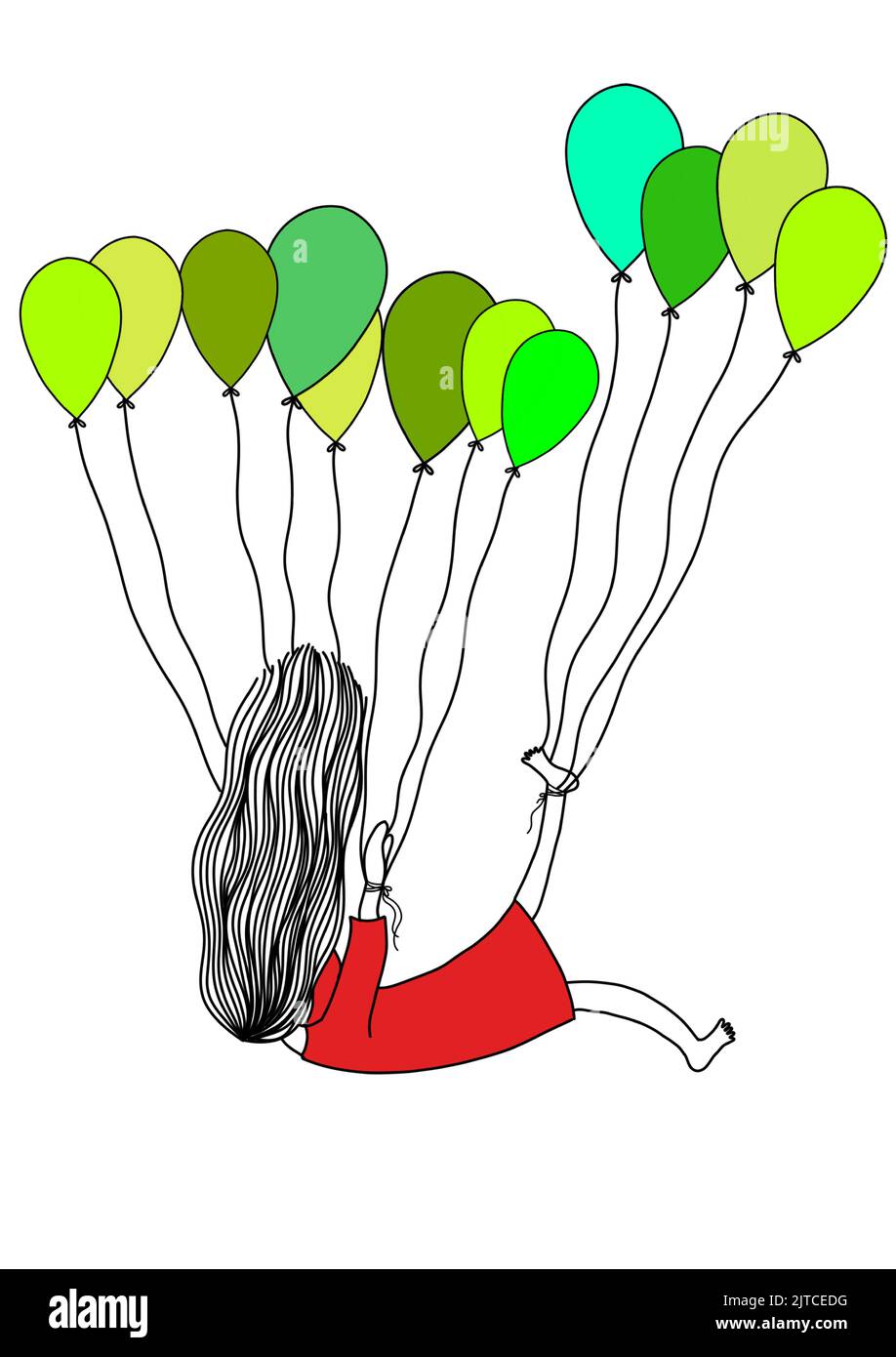 Una ragazza che cade dal cielo tiene da palloncini verdi Illustrazione Vettoriale