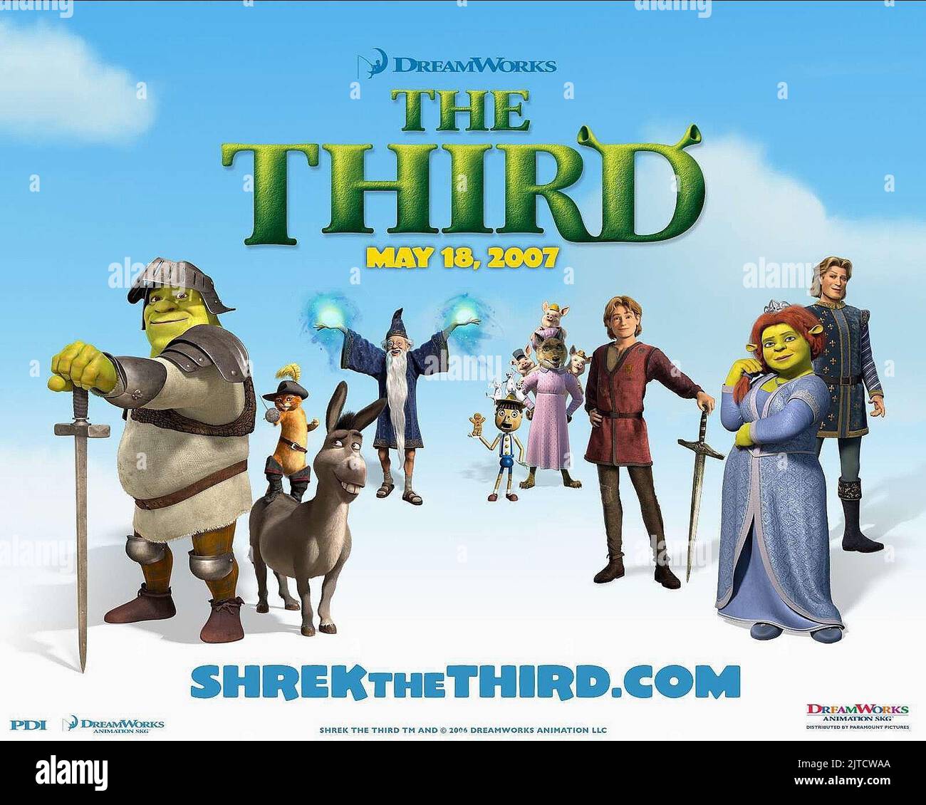 SHREK,STIVALI,ASINO,MERLIN,PINOCCHIO,WOLF,ARTIE,FIONA,POSTER, SHREK IL TERZO, 2007 Foto Stock