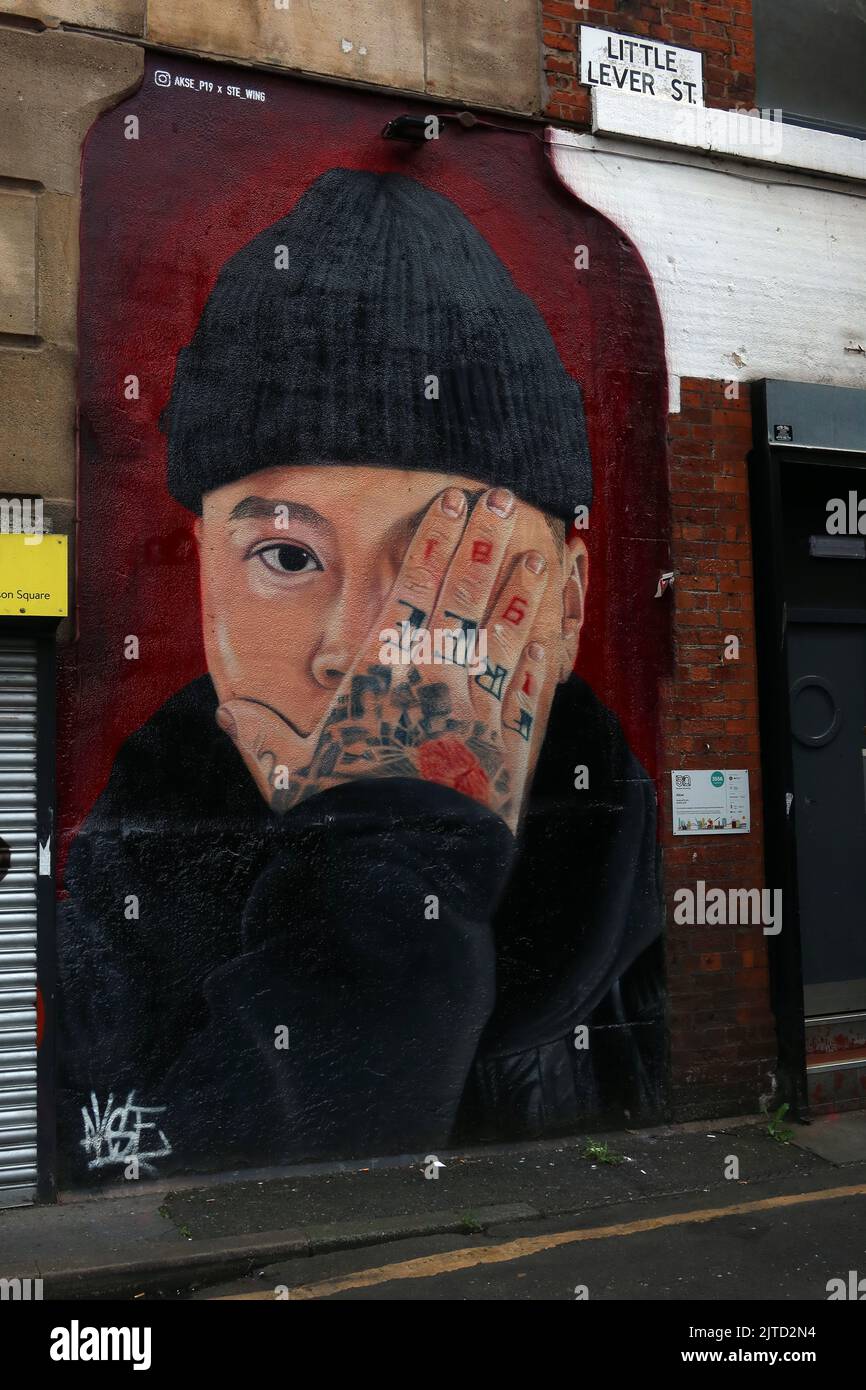Stevenson Square / Little Lever St, Akse P19 ritratto di Ste Wing, , Northern Quarter, Manchester, Inghilterra, REGNO UNITO, M1 1JF Foto Stock