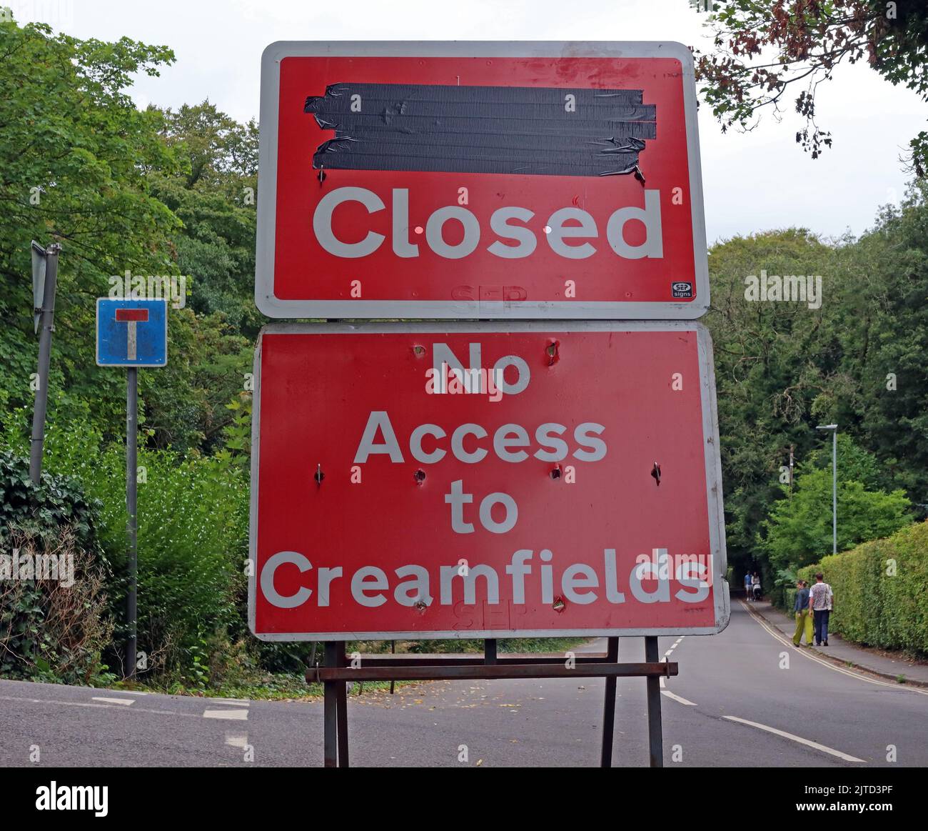 Chiuso, nessun accesso al cartello di Creamfields, Daresbury, Warrington, Cheshire, Inghilterra, REGNO UNITO, WA4 Foto Stock