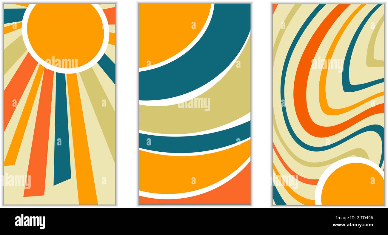 Set di mascherine per carte in stile retrò vintage 1970. Illustrazione vettoriale. Sole stilizzato con raggi e linee astratte. Illustrazione Vettoriale