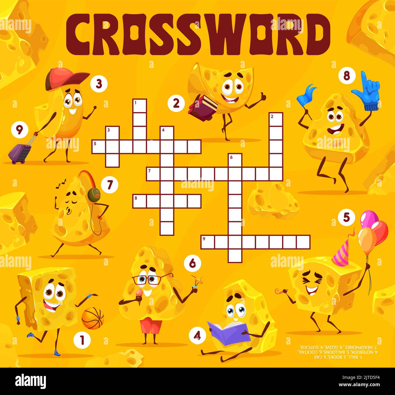 Crossword grid, cartoon maasdam e gouda Cheese personaggi, gioco di quiz di parole vettoriali. Griglia del foglio di lavoro a parole incrociate per indovinare parole di pezzo di formaggio divertente con libro, notebook e cuffie o palla da basket Illustrazione Vettoriale