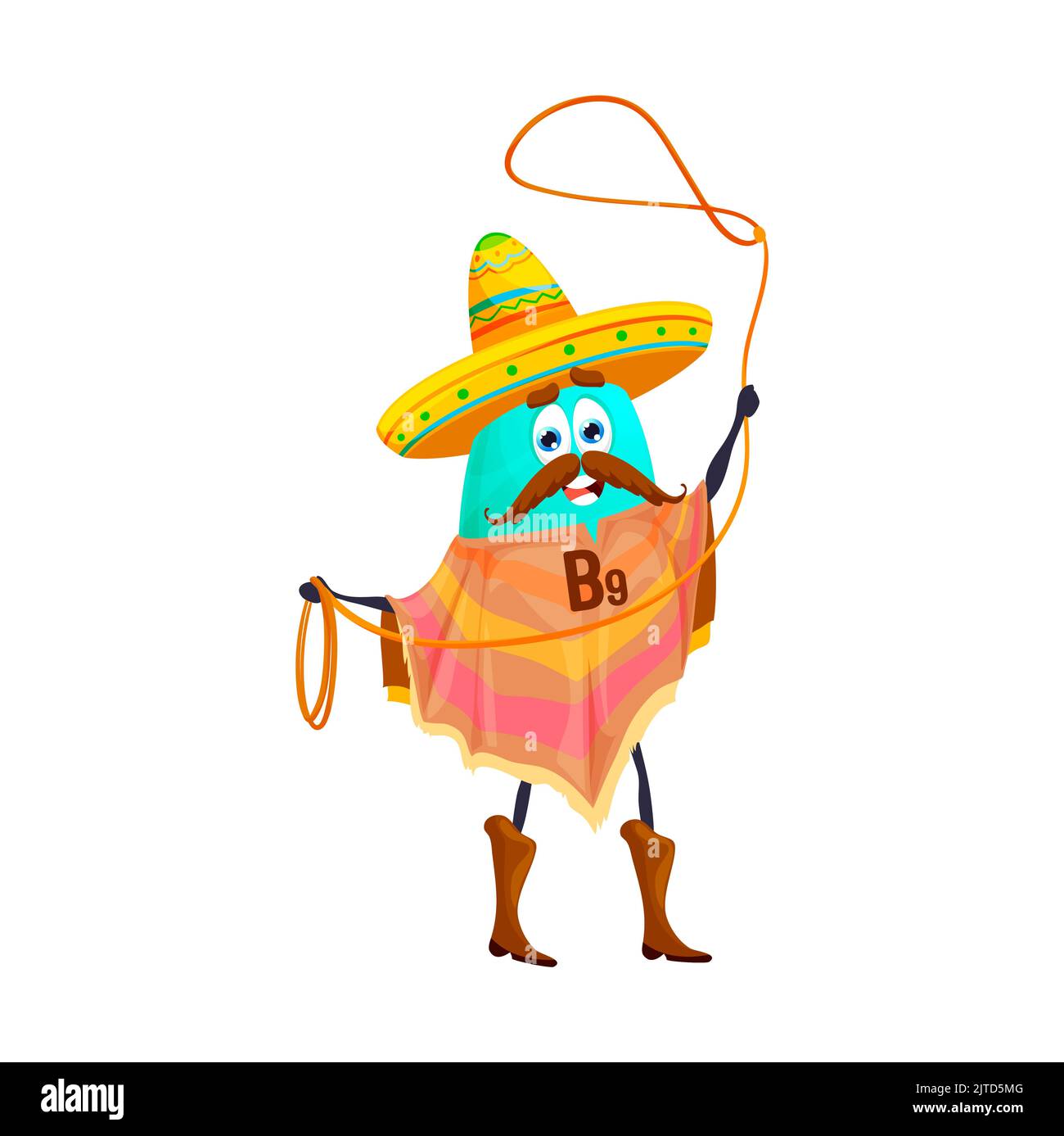 Cartone animato vitamina B9 personaggio cowboy messicano. Divertente vettore acido folico Western ladro filatura di un lazo. Il personaggio selvaggio West indossa cappello sombrero, poncho e stivali con corda. Bandito dell'eroe del Texas Illustrazione Vettoriale