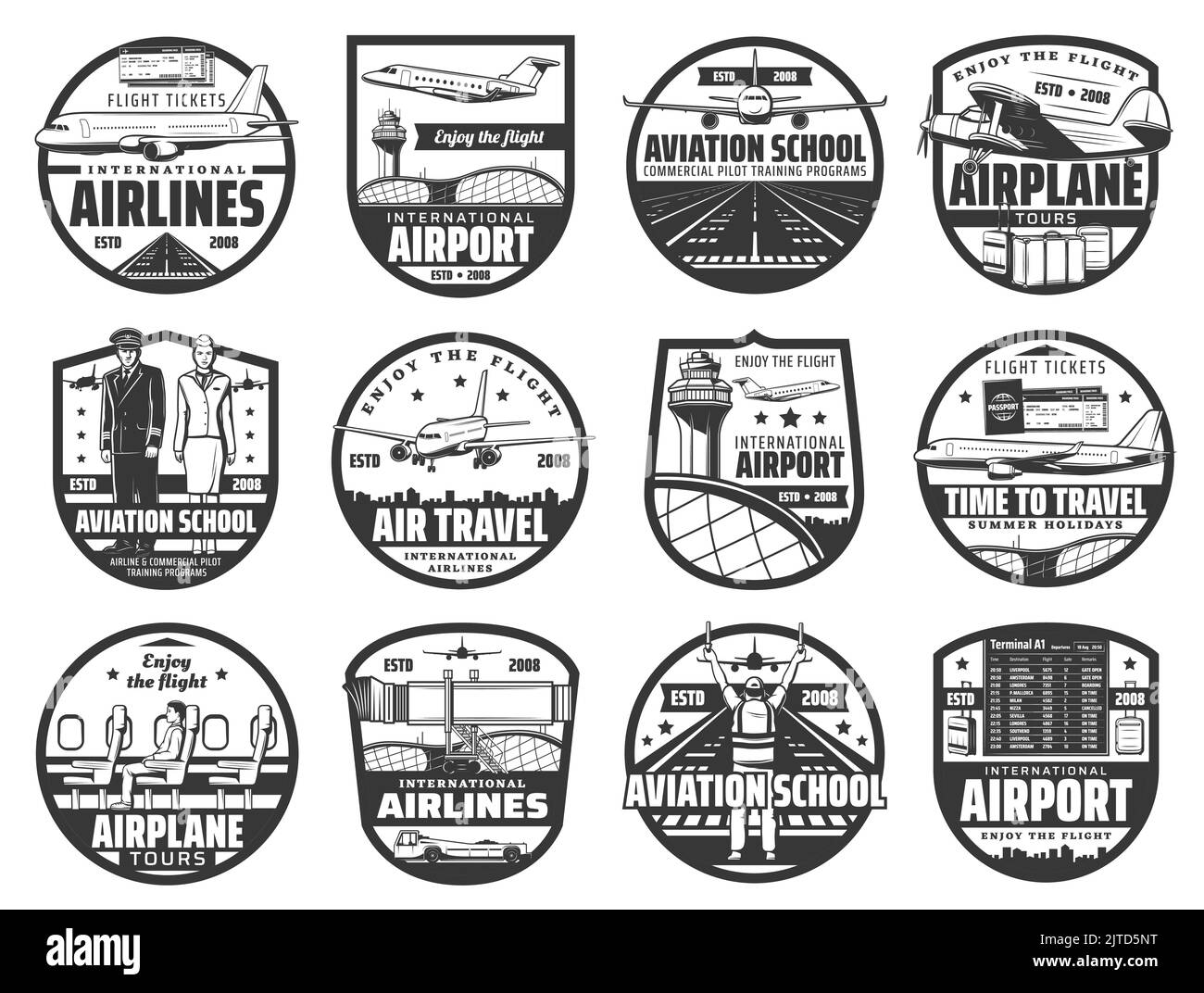 Aviazione, volo aereo, icone vettoriali di scuole pilota di aerei e emblemi di compagnie aeree internazionali. Accademia di aviatori di volo, viaggi di volo, servizio di trasporto aereo e programma di volo dell'aeroporto Illustrazione Vettoriale