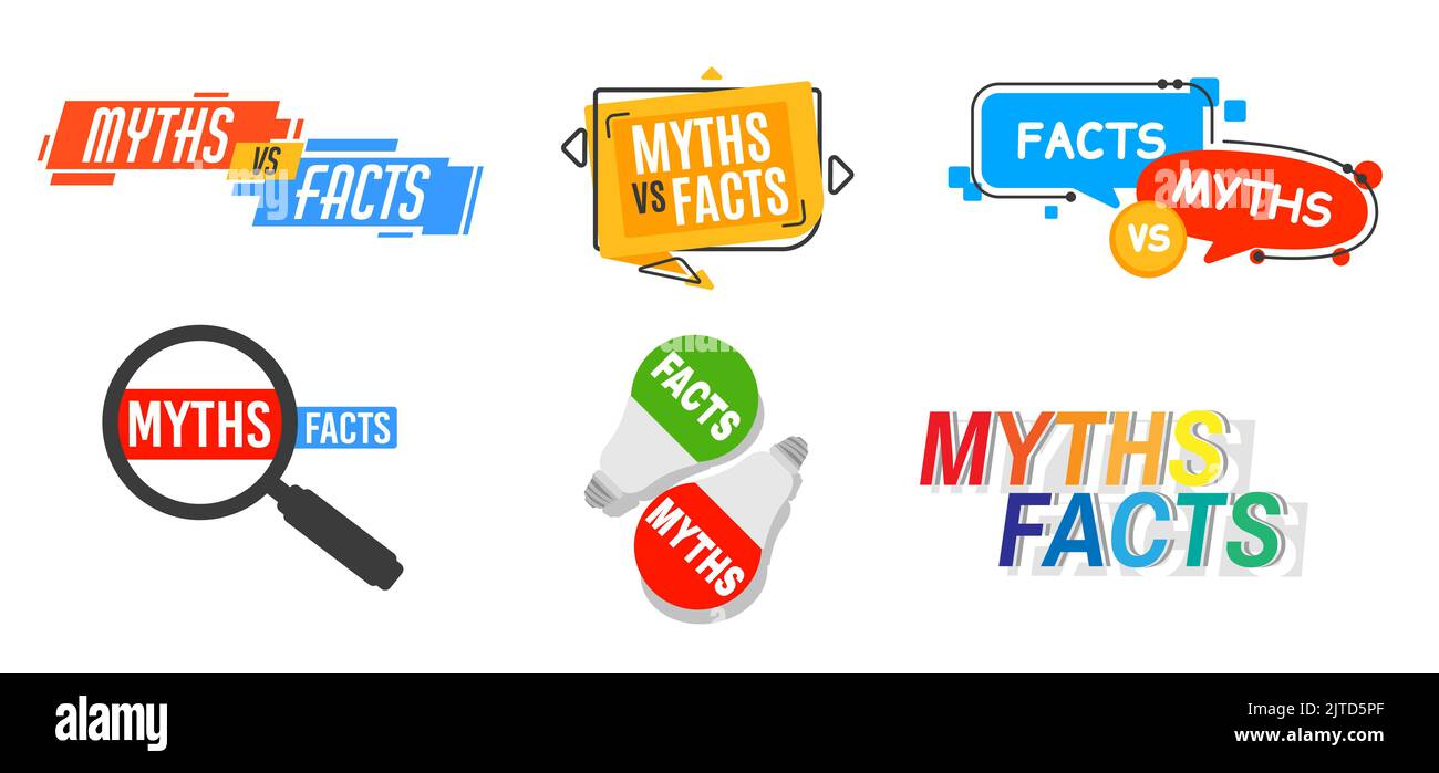 Miti vs fatti icone. Verità e falso, controllo dei fatti e falsi vettore di notizie parlare bolle. La menzogna della propaganda, le voci dei social media e le false informazioni contro le icone o le etichette dei colori della verità Illustrazione Vettoriale