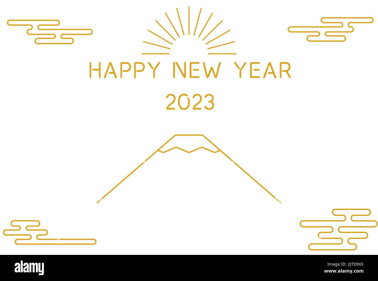 Carta di Capodanno giapponese per l'anno del coniglio 2023, semplice disegno del Monte Fuji e alba del primo giorno dell'anno Illustrazione Vettoriale
