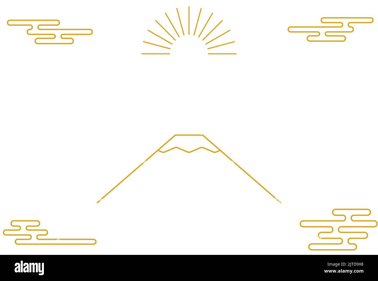 Carta di Capodanno giapponese per l'anno del coniglio 2023, semplice disegno del Monte Fuji e alba del primo giorno dell'anno Illustrazione Vettoriale