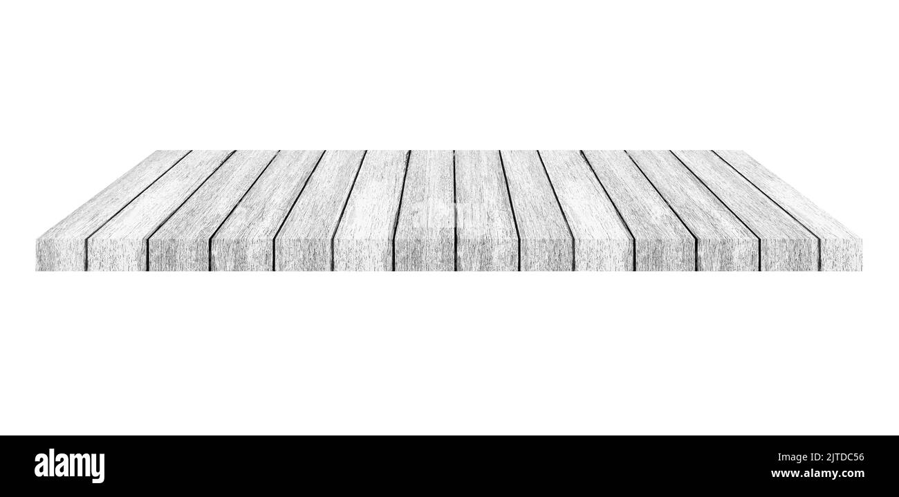 Ripiano in legno su fondo bianco isolato con spazio Foto Stock