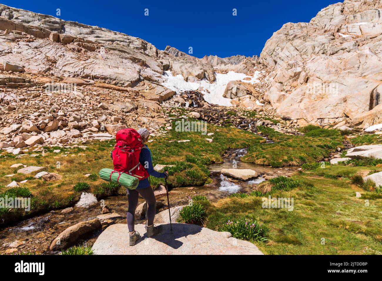 Escursionista al Lone Pine Creek sul Mount Whitney Trail, John Muir Wilderness, California USA Foto Stock