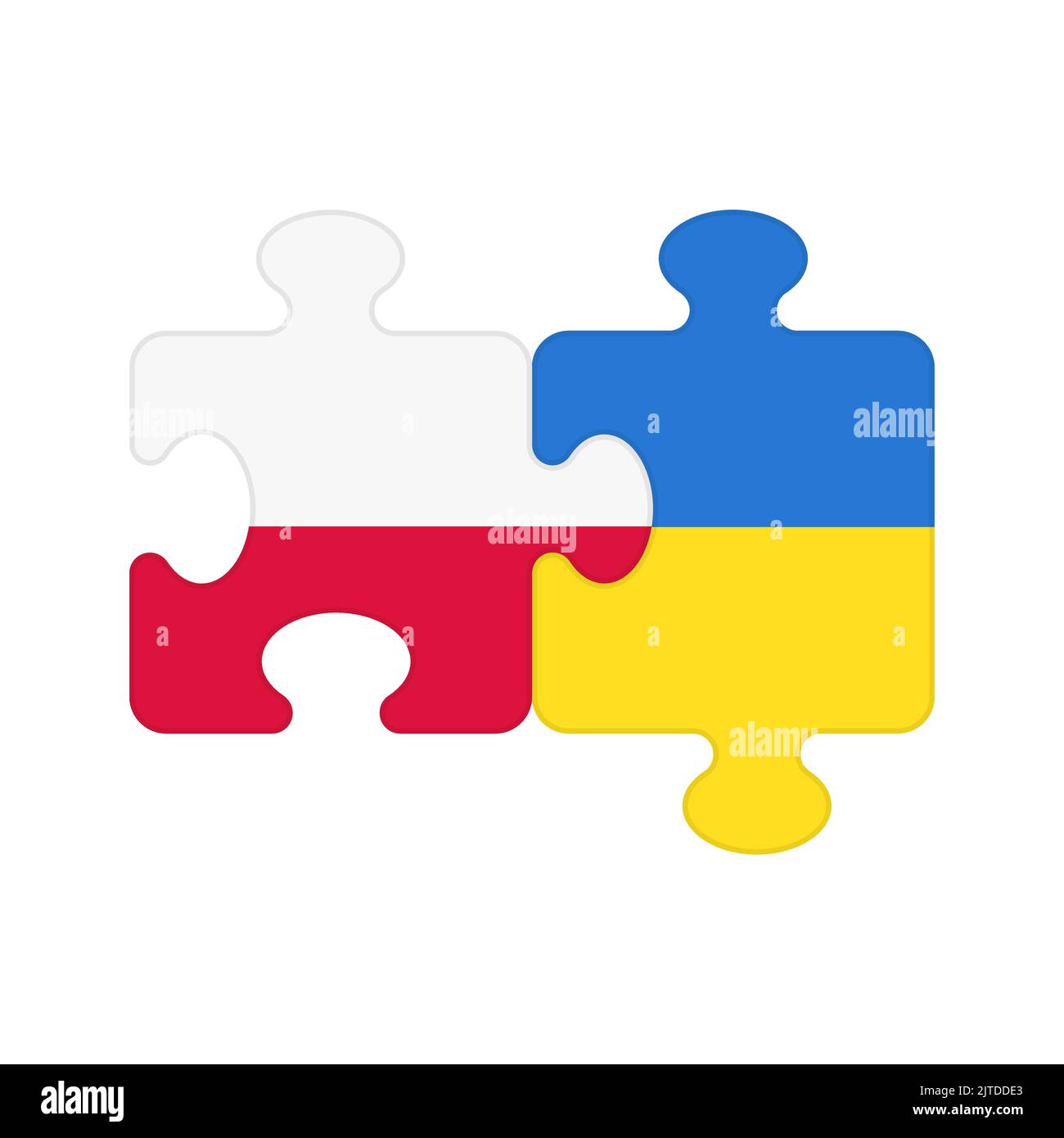Pezzi di puzzle con bandiere di Polonia e Ucraina. Parti con simboli nazionali dei paesi europei che si uniscono in cooperazione, amicizia e dialogo tra due partner Varsavia e Kyiv Illustrazione Vettoriale