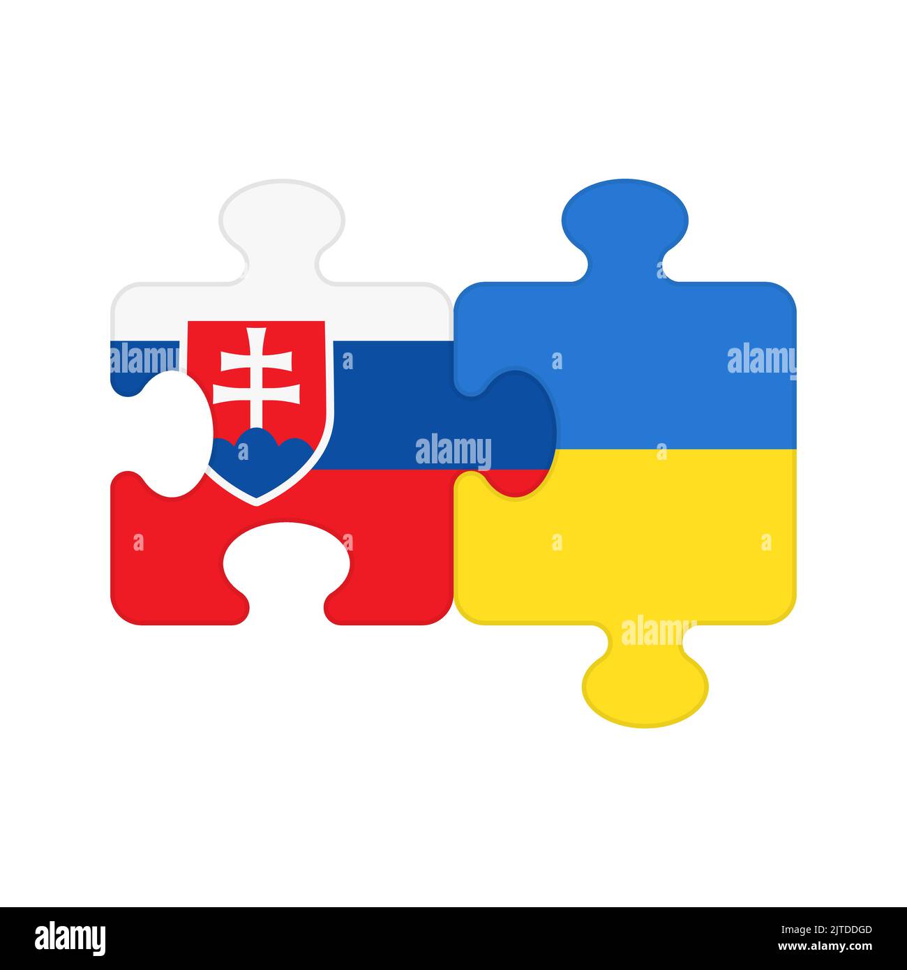Pezzi di puzzle con bandiere di Slovacchia e Ucraina. Parti con simboli nazionali dei paesi europei che si uniscono in cooperazione, amicizia e dialogo tra due partner Bratislava e Kyiv Illustrazione Vettoriale