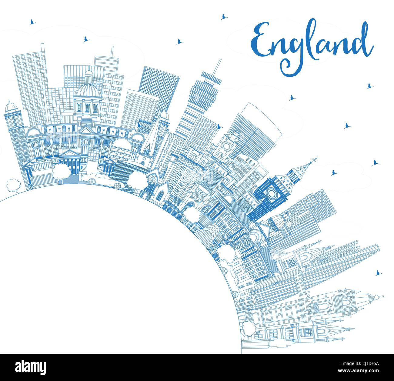 Delineate lo skyline di Inghilterra con edifici blu e spazio copia. Illustrazione vettoriale. Concetto con architettura storica. Paesaggio urbano dell'Inghilterra. Illustrazione Vettoriale