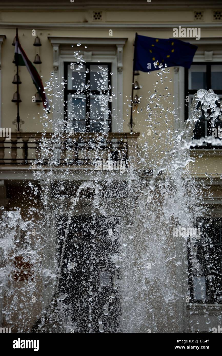 Fontana di fronte all'edificio cittadino del 18th° secolo Foto Stock