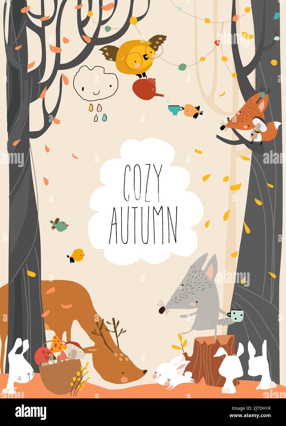Cartoon Autumn Illustrazione con animali divertenti nella foresta Illustrazione Vettoriale
