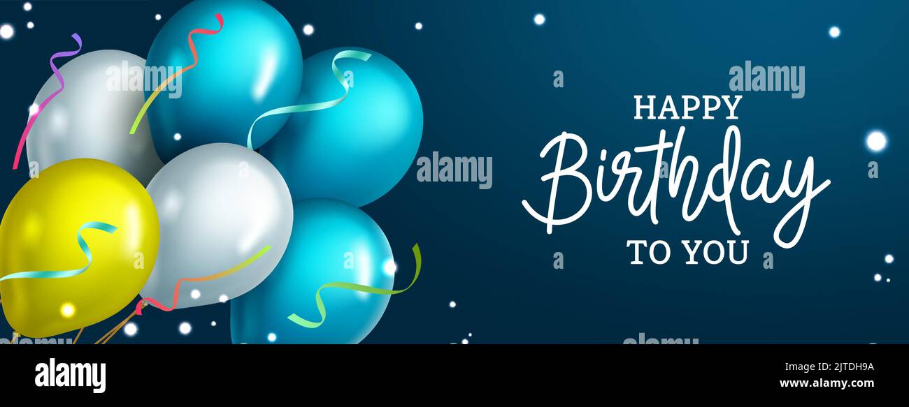Disegno vettoriale di celebrazione di compleanno. Buon compleanno a voi testo su sfondo blu con colori palloncino e coriandoli elementi di festa per il giorno di nascita. Illustrazione Vettoriale
