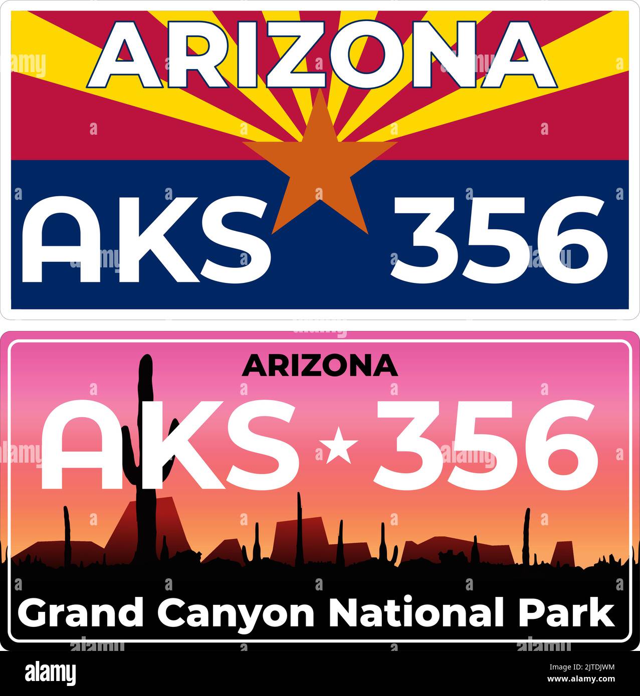 2 targhe di targa per l'Arizona negli Stati Uniti. Numeri di patente di guida dei diversi stati americani. Stampa vintage per grafica t-shirt Illustrazione Vettoriale