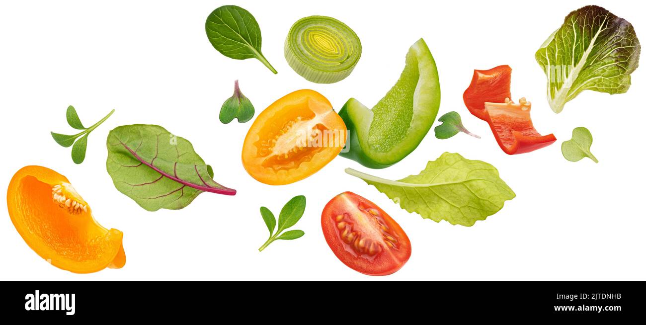 Verdure in caduta, insalata di peperone, pomodoro e lattuga Foto Stock