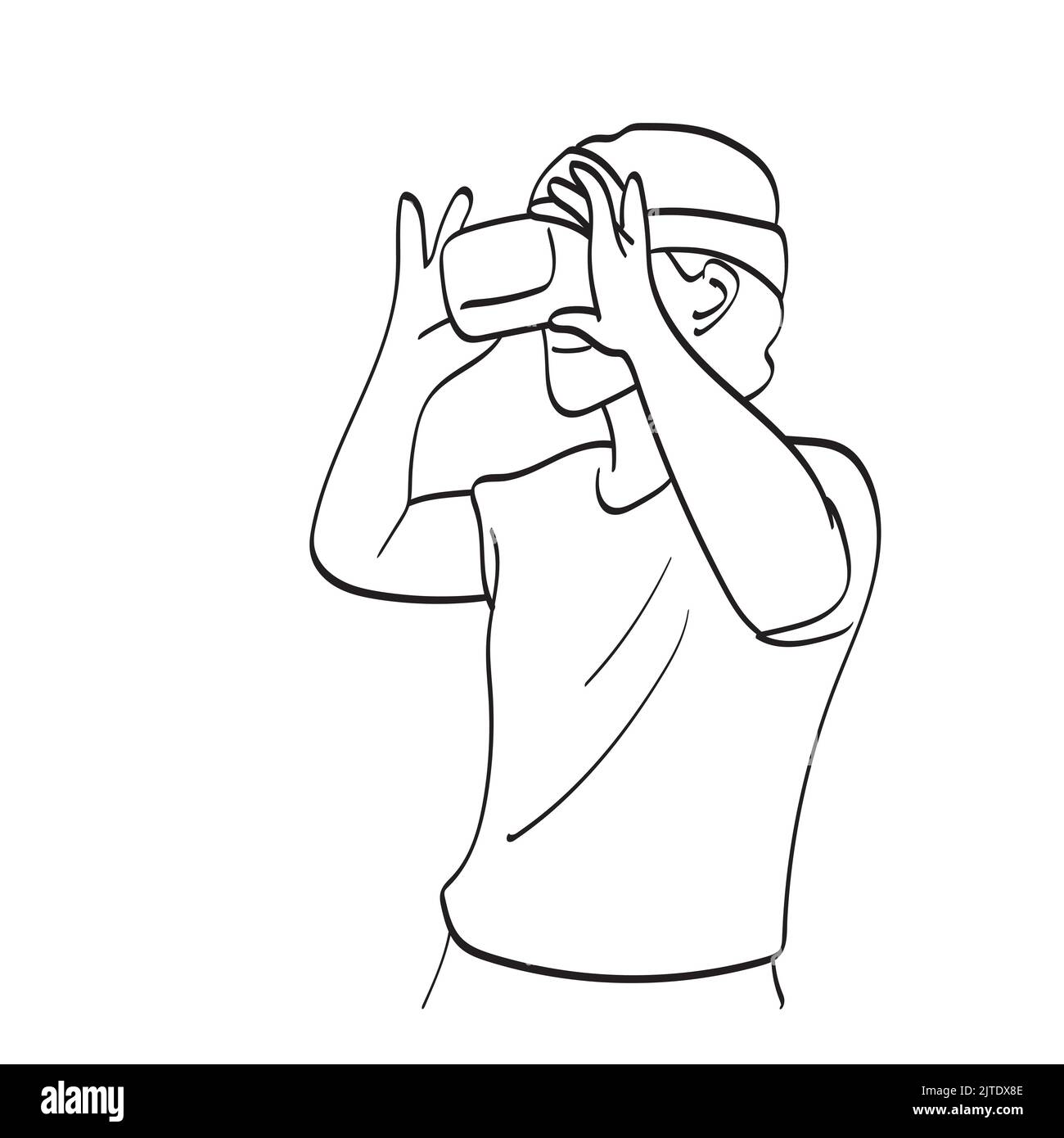 line art uomo che indossa occhiali vr sulla sua testa illustrazione vettore disegnato a mano isolato su sfondo bianco Illustrazione Vettoriale