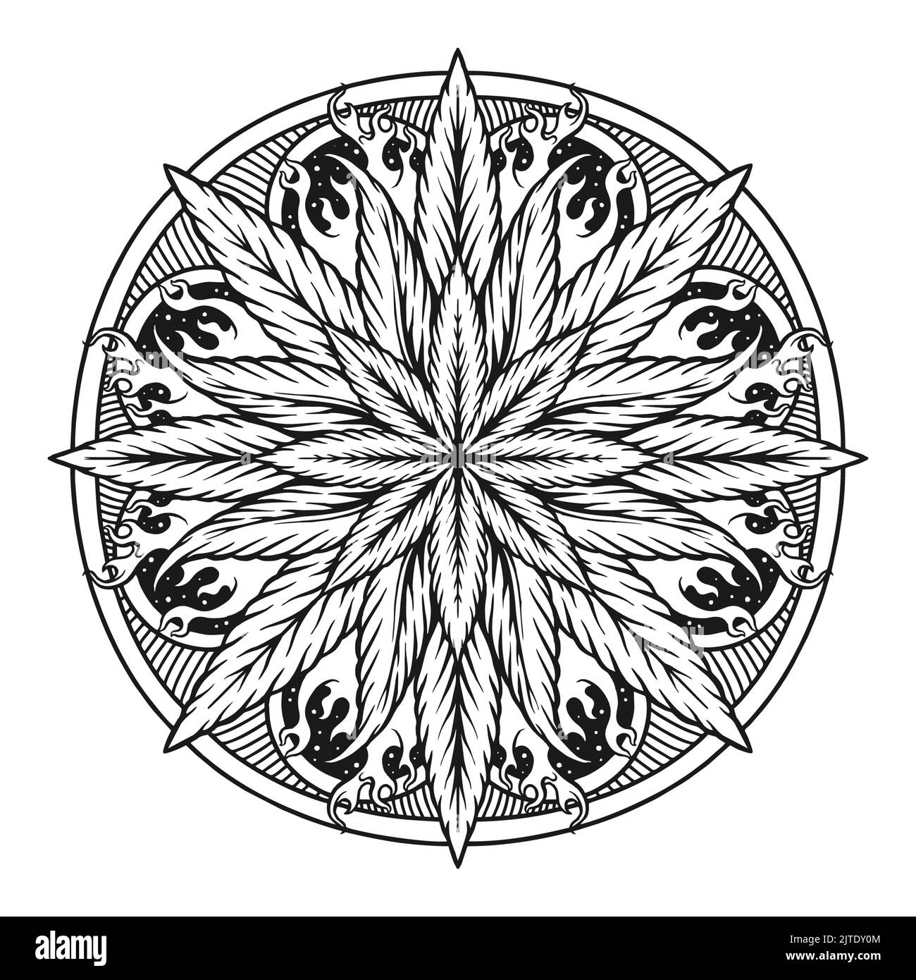 Foglie di cannabis Mandala illustrazioni vettoriali in bianco e nero per il tuo lavoro Logo, maglietta di merchandising mascotte, adesivi e disegni di etichette, poster, greetina Foto Stock