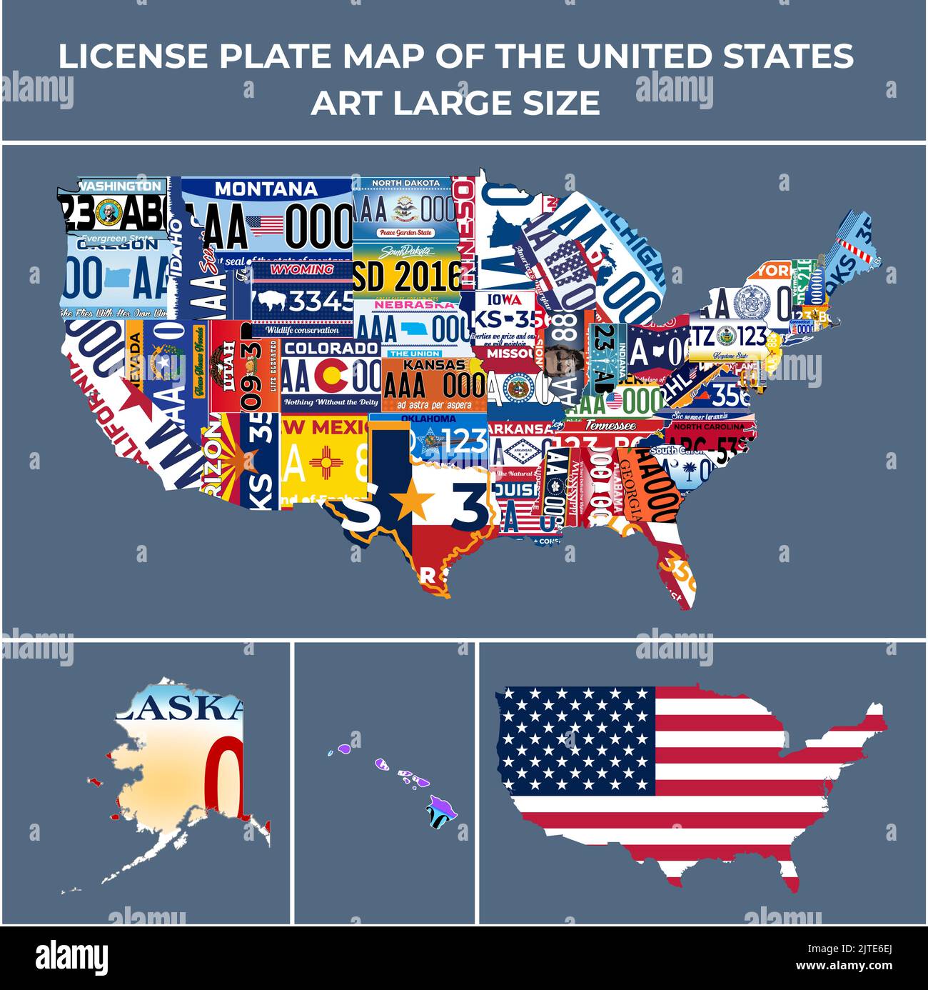 Set completo 51 targhe per gli Stati Uniti - tutti i 51 Stati Uniti, Design speciale e regolamento per tutti gli Stati Uniti, numeri di targa del veicolo Illustrazione Vettoriale