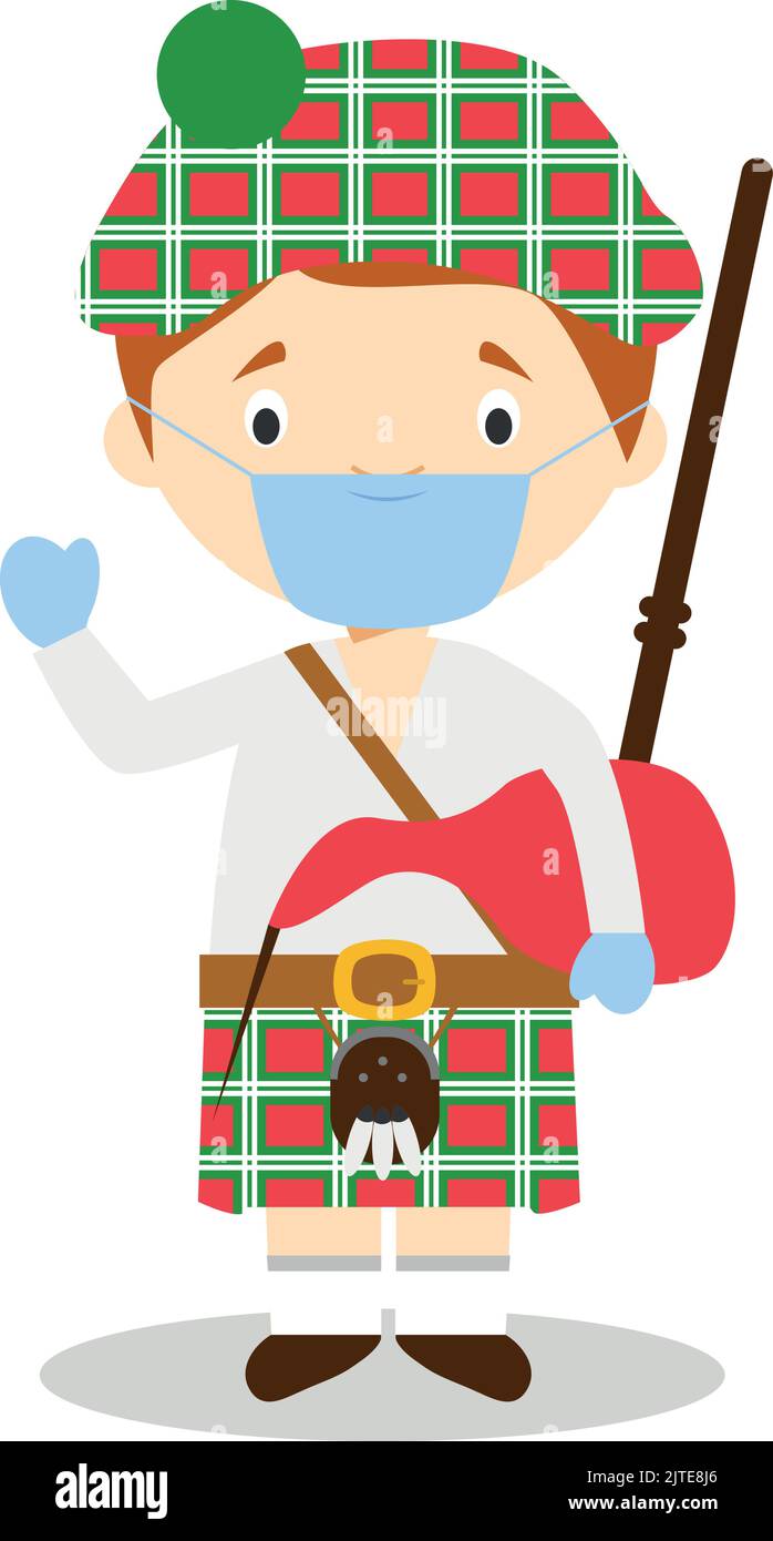 Carattere scozzese vestito in modo tradizionale con kilt e bagpipe e con maschera chirurgica e guanti in lattice come protezione contro una salute e. Illustrazione Vettoriale