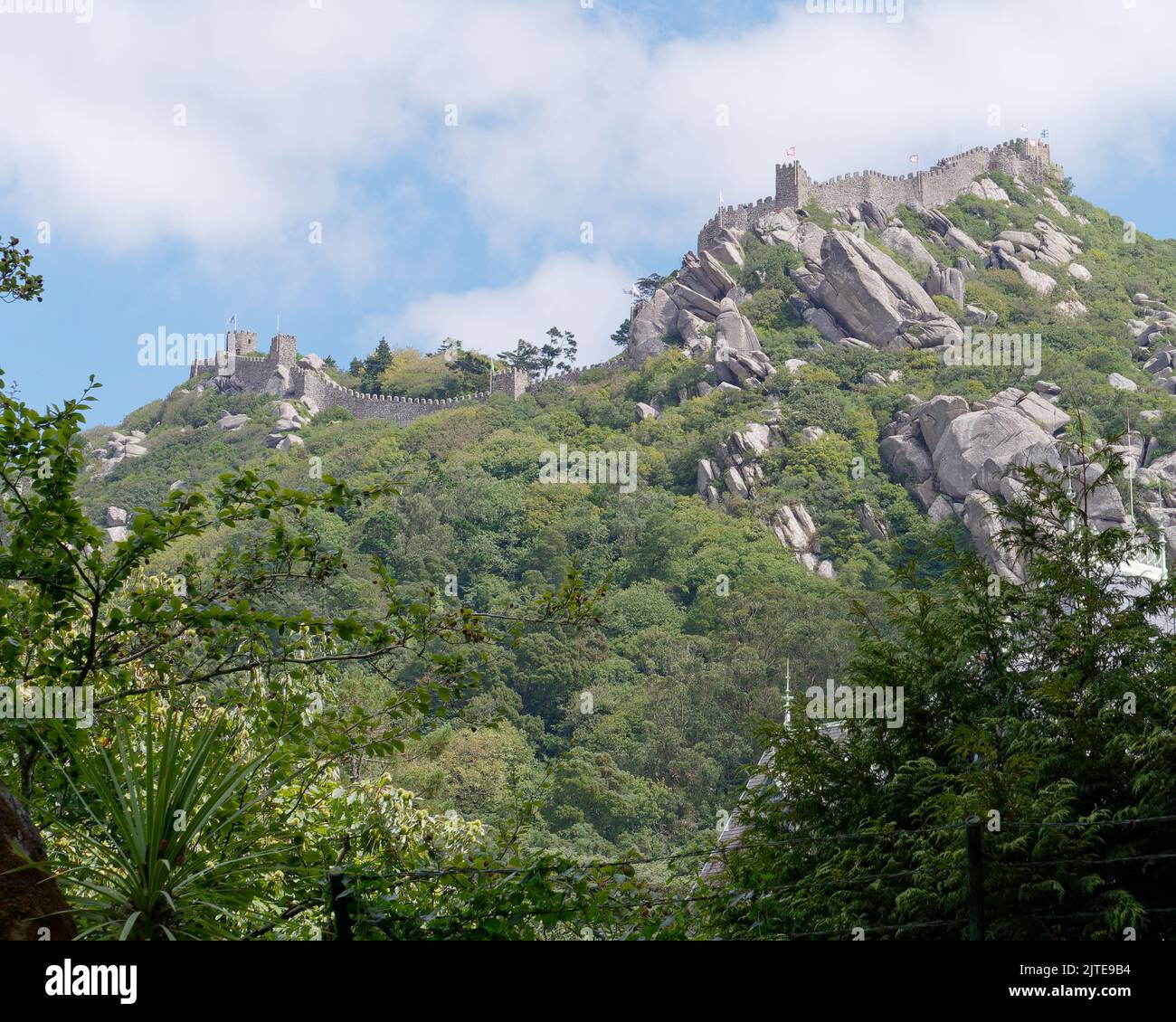 Vista dal palazzo Quinta da Regaleira (patrimonio dell'umanità dell'UNESCO) verso il castello moresco nel quartiere di Lisbona di Sintra, Portogallo Foto Stock