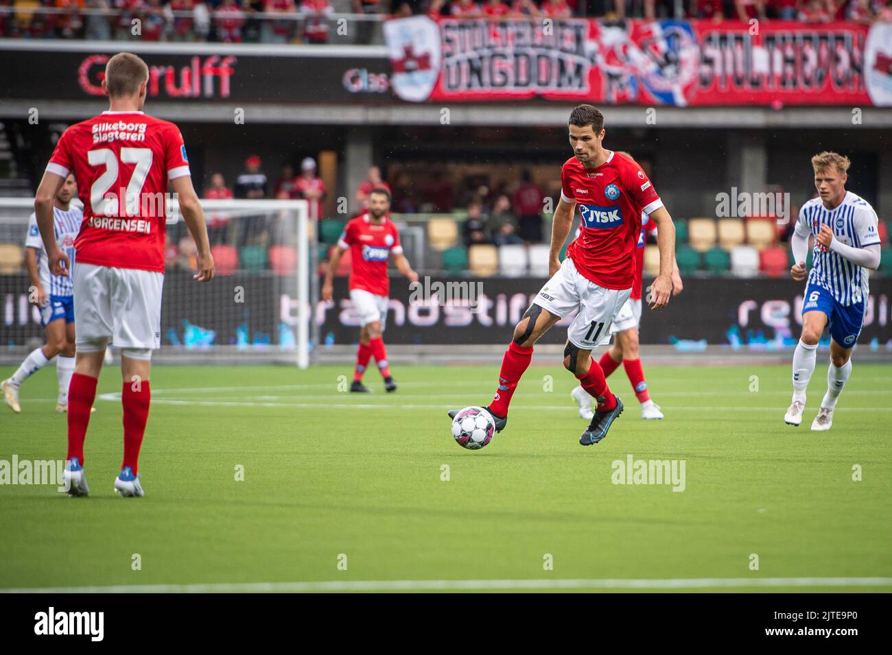 Silkeborg, Danimarca. 28th, agosto 2022. Nicklas Helenius (11) di Silkeborg SE visto durante la partita Superliga del 3F tra Silkeborg IF e Odense Boldklub al Jysk Park di Silkeborg. (Photo credit: Gonzales Photo - Morten Kjaer). Foto Stock