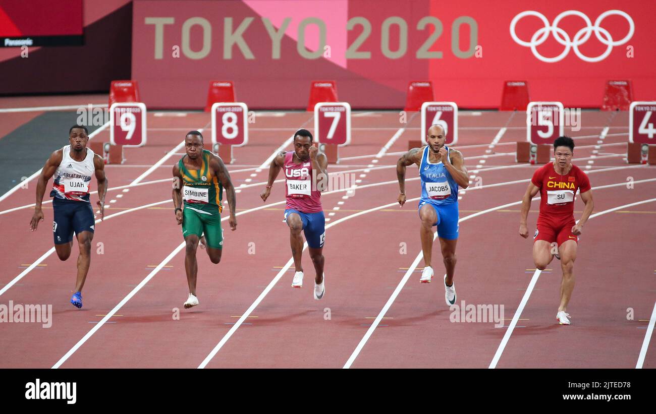 01st agosto 2021 - Tokyo, Giappone: Chijindu Ujah della Gran Bretagna, Akani Simbine del Sudafrica, Ronnie Baker degli Stati Uniti, Lamont Marcell Jacobs Foto Stock