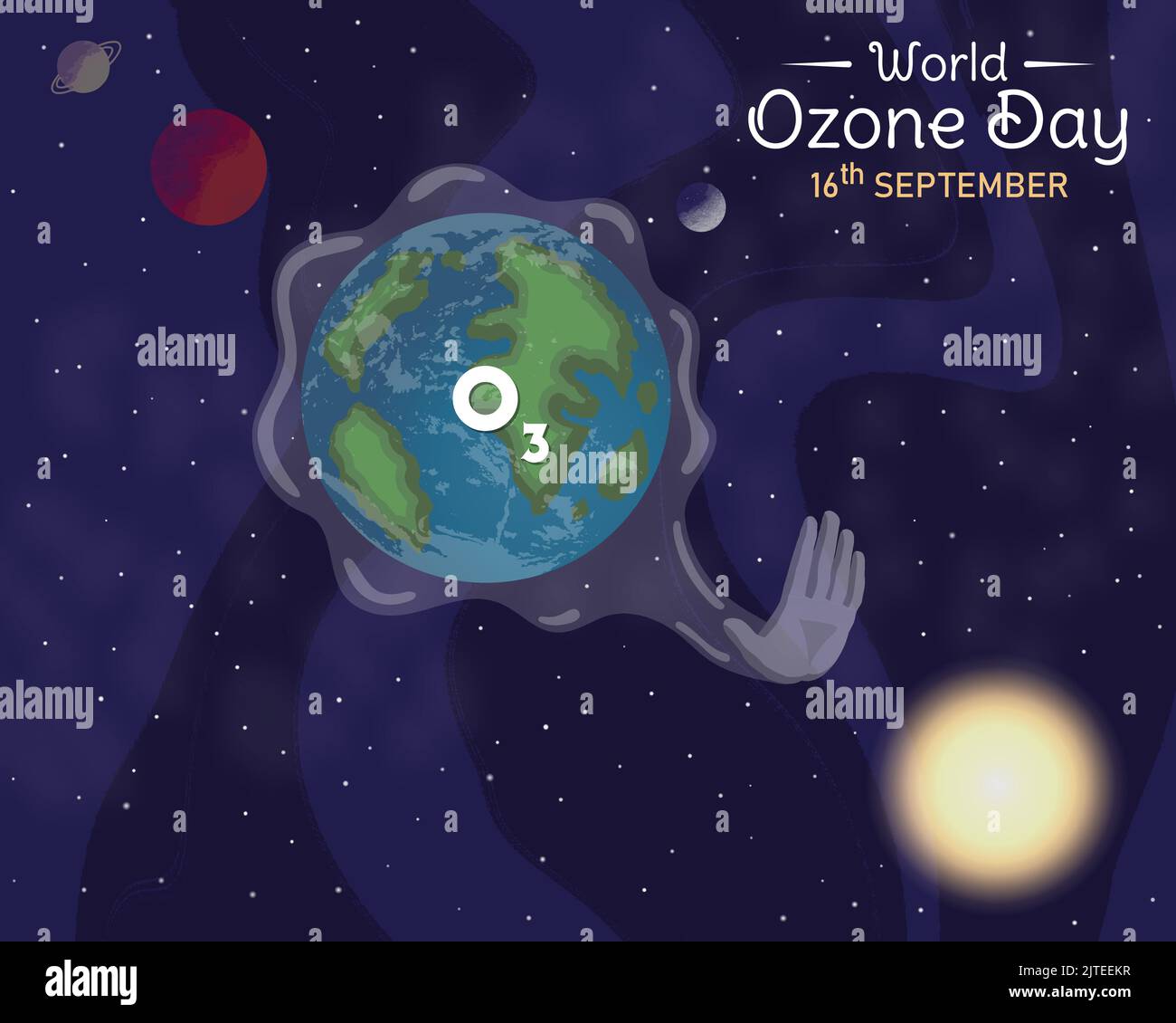 Illustrazione vettoriale del progetto realistico Giornata Mondiale dell'ozono. Settembre 16 celebrazione e consapevolezza grafica. Terra del sole spazio Galaxy sfondo orizzontale. Così Illustrazione Vettoriale