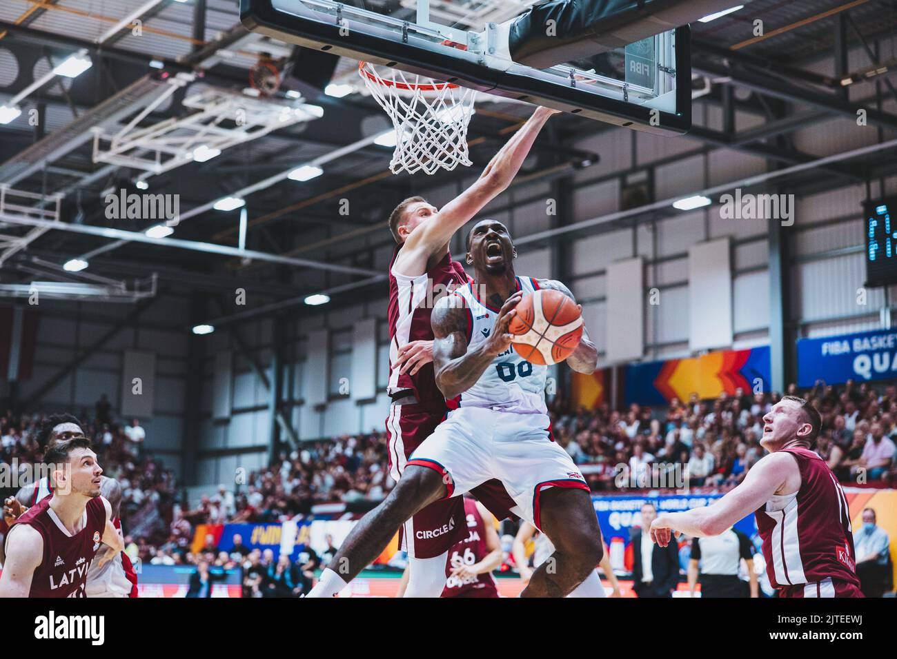 Gran Bretagna nazionale Mens team (squadra GB) giocare la Lettonia in una partita di qualificazione FIBA World Cup alla Newcastle Vertu Arena il 28 agosto 2022. Squadra GB perde 80 - 87.Copyright Caroljmoir/Alamy Foto Stock