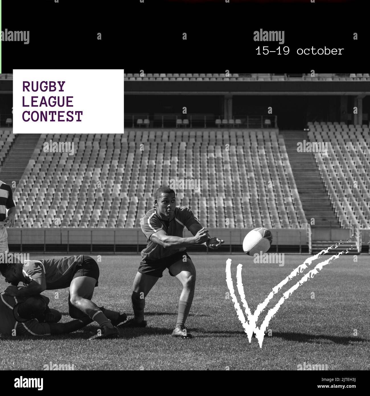 Composizione digitale di giocatori multirazziali che giocano allo stadio durante il concorso della lega di rugby Foto Stock