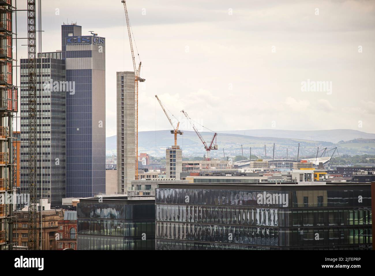 Lo skyline della Greater Manchester che si affaccia sullo stadio MCFC Etihad, Foto Stock