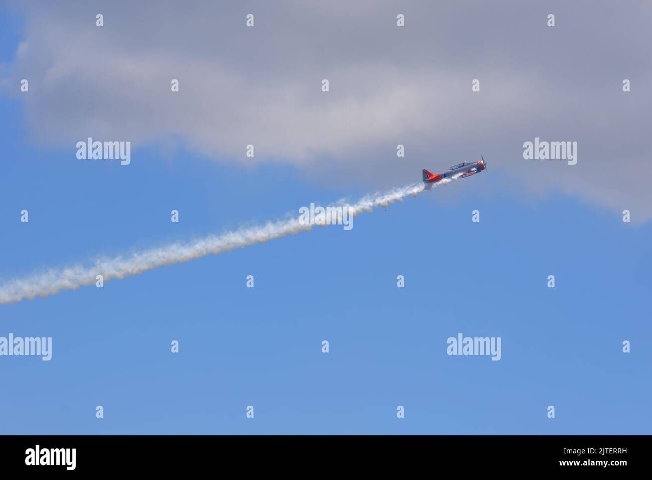 Monopotore piccolo aeroplano che effettua manovre acrobatiche in cielo nuvoloso, con fumo sulla coda Foto Stock