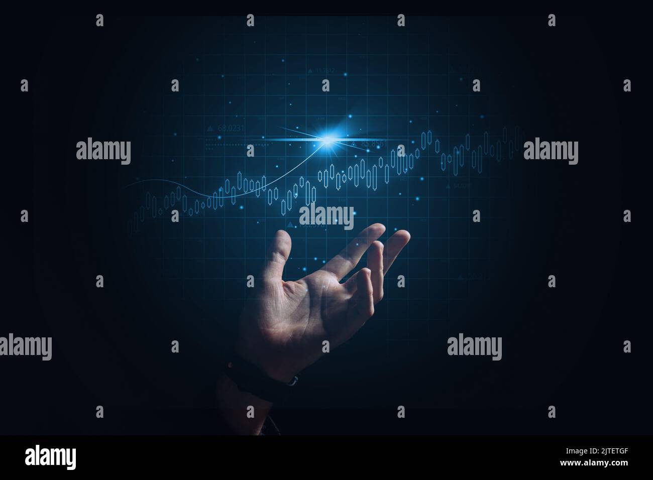 Rete aziendale globale. Investimenti e successo in borsa. Ologramma con grafici sopra la mano. Foto Stock