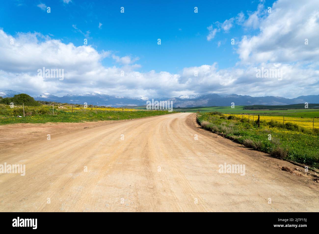 Strada sterrata o paesaggio di strada di fattoria di Western Cape agricoltura o zona rurale in inverno Foto Stock